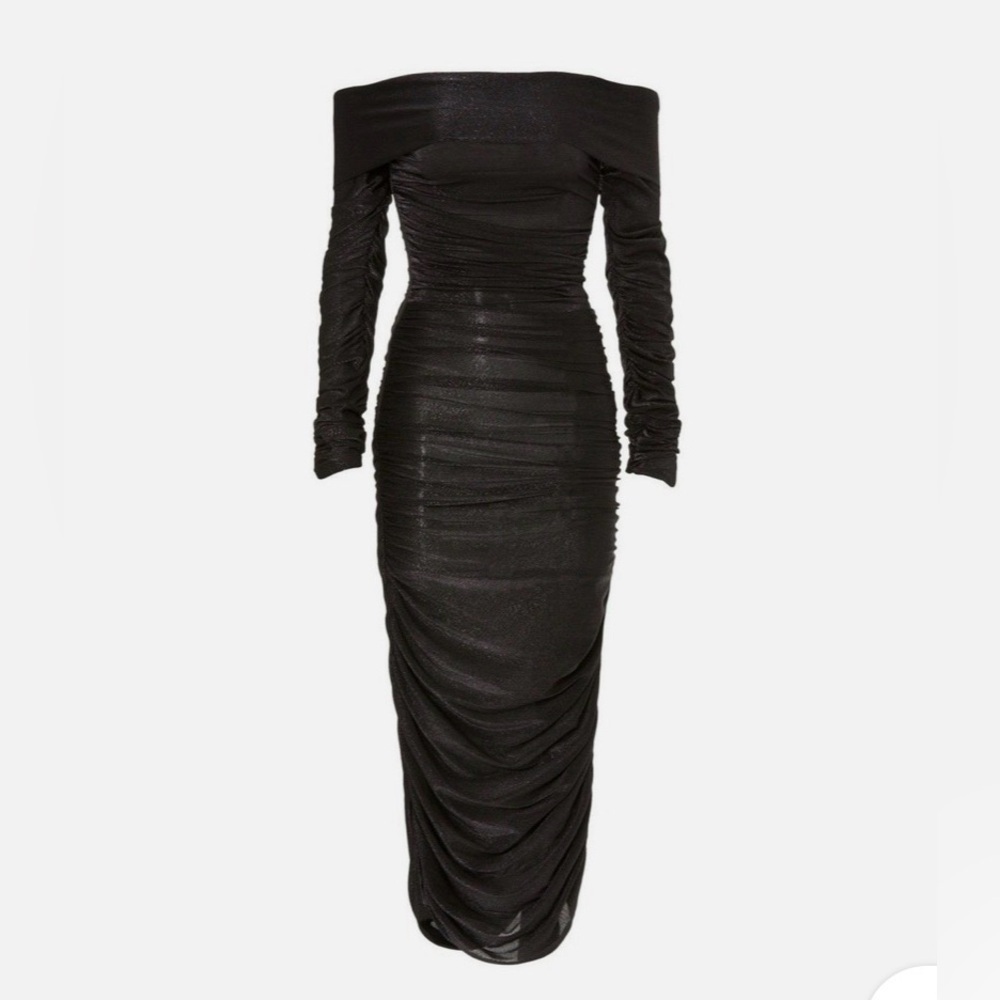 Bronx & Banco Amara Ruched Long Sleeve Off the Shoulder Midi Dress Black M - Picture 4 of 8
